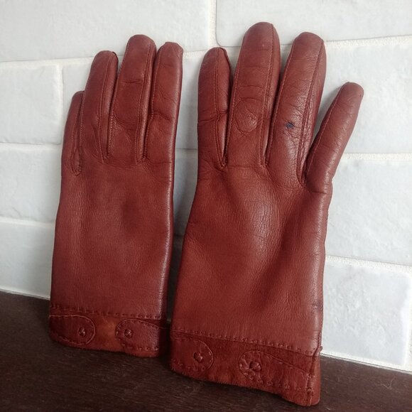 Vintage made in Italy lambskin leather rabbit fur lining brown warm gloves 7 1/2 - Picture 5 of 12